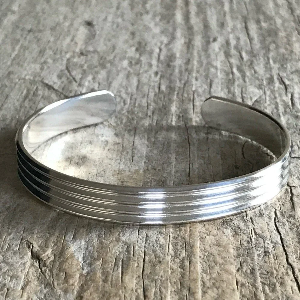 Shiny Sterling Silver Pinstripe Open Cuff Bangle Handmade 10x2mm Wide